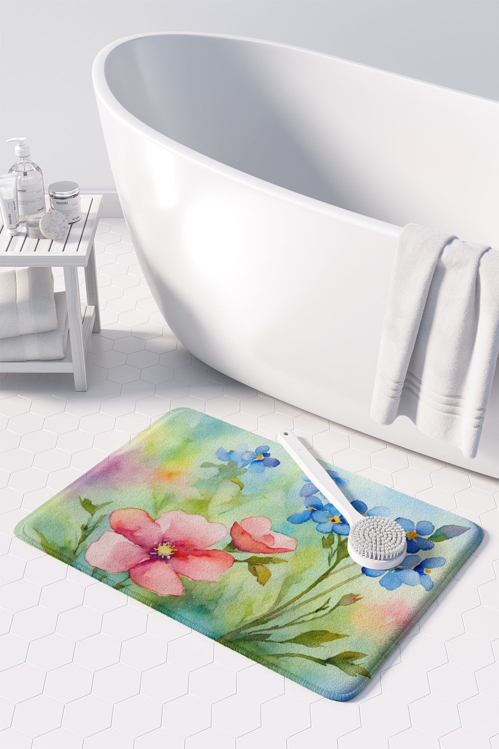 Alaska Forget-me-nots in Watercolor Memory Foam Kitchen Mat Machine Washable Anti-Fatigue Mat Cushion Comfort Bath Mat or Kitchen Rug
