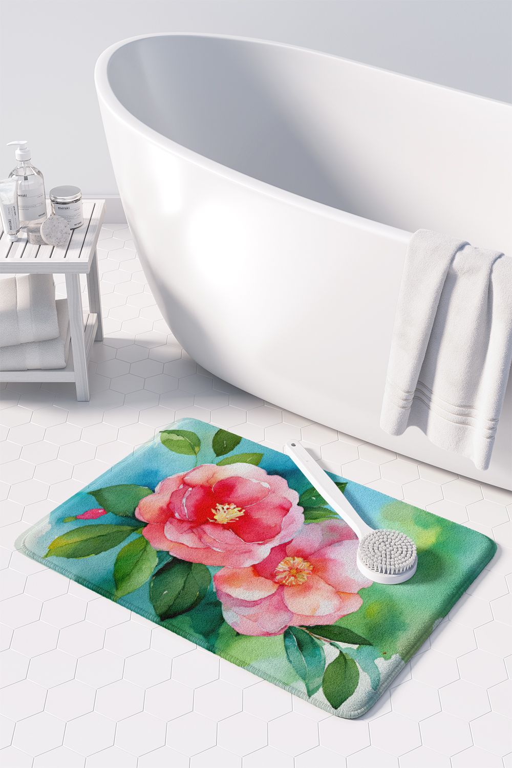 Alabama Camellia in Watercolor Memory Foam Kitchen Mat Machine Washable Anti-Fatigue Mat Cushion Comfort Bath Mat or Kitchen Rug